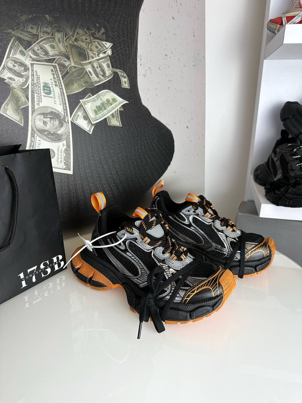 Black sneakers with orange inserts, In stock, 37