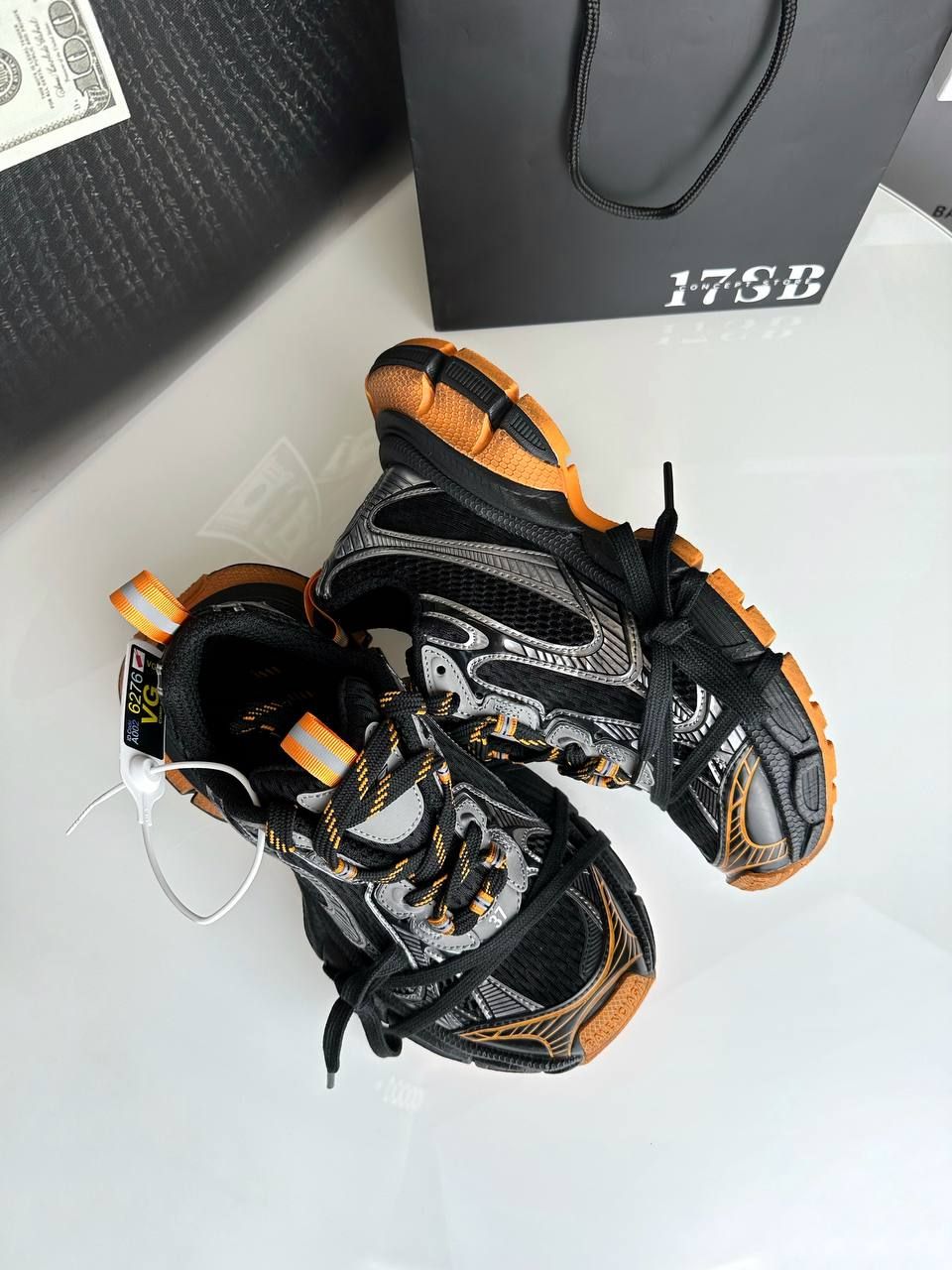 Black sneakers with orange inserts, Out of stock, 36