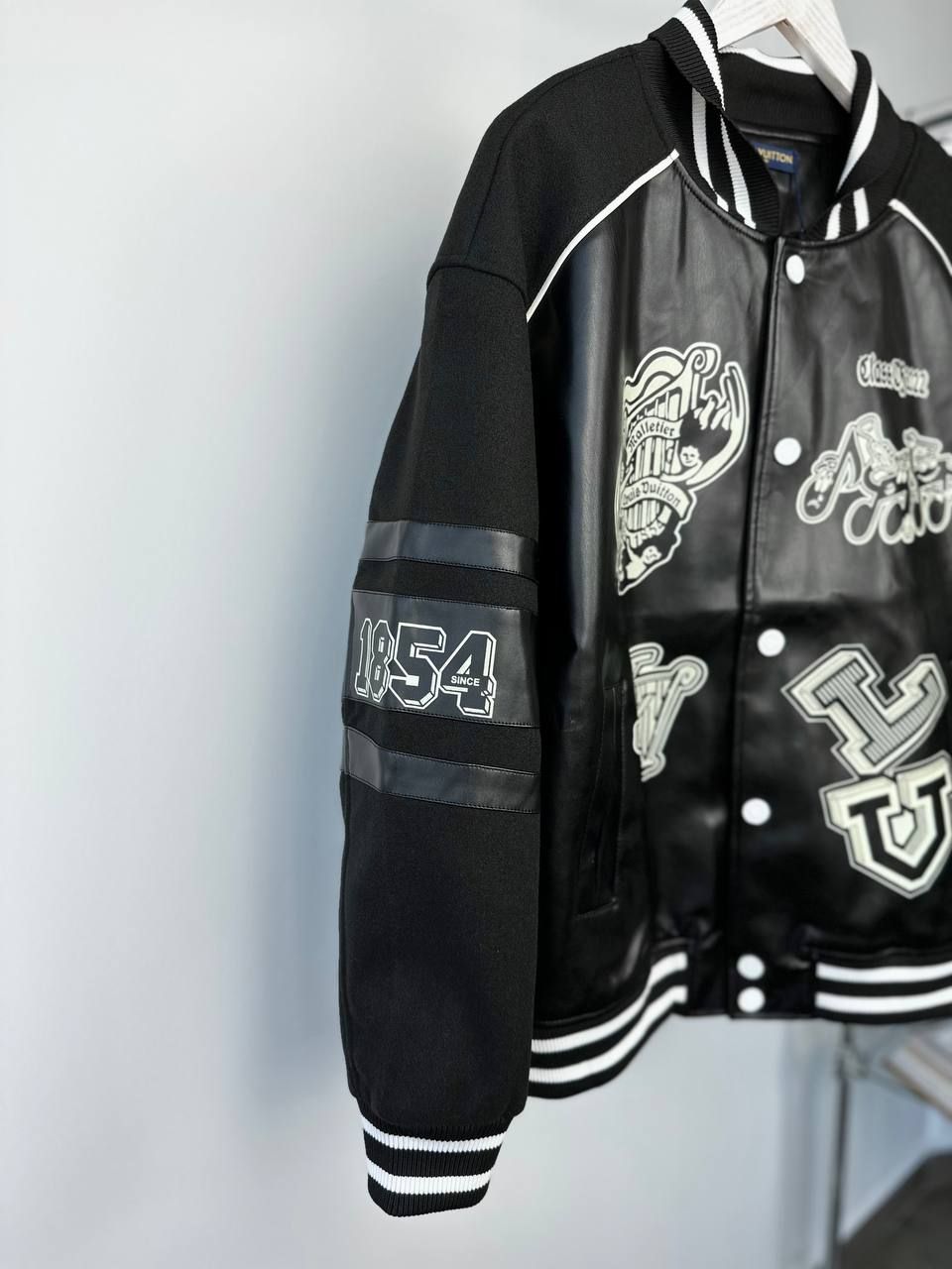 bomber jacket black leather with graphics, S