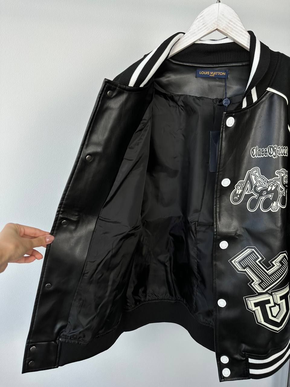 bomber jacket black leather with graphics, S