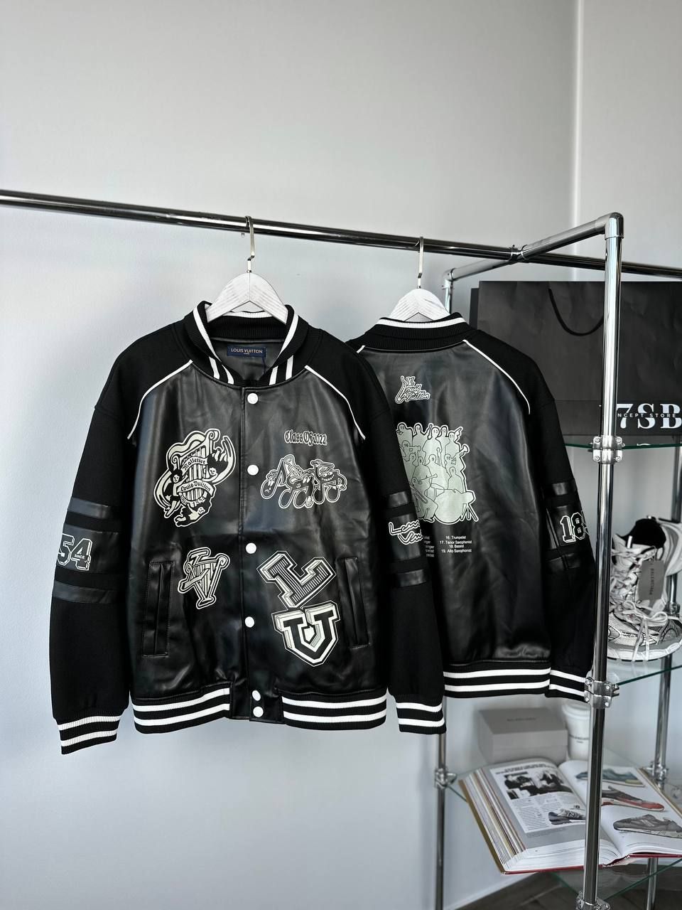 bomber jacket black leather with graphics, XL