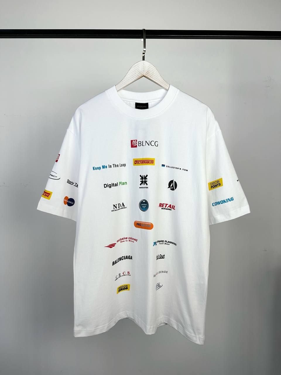 White T-shirt with multi-colored inscriptions, L