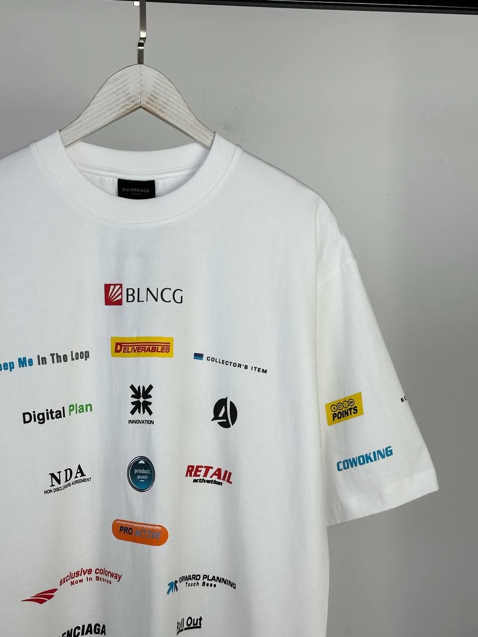 White T-shirt with multi-colored inscriptions, S