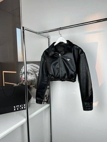 Black leather cropped bomber jacket, M