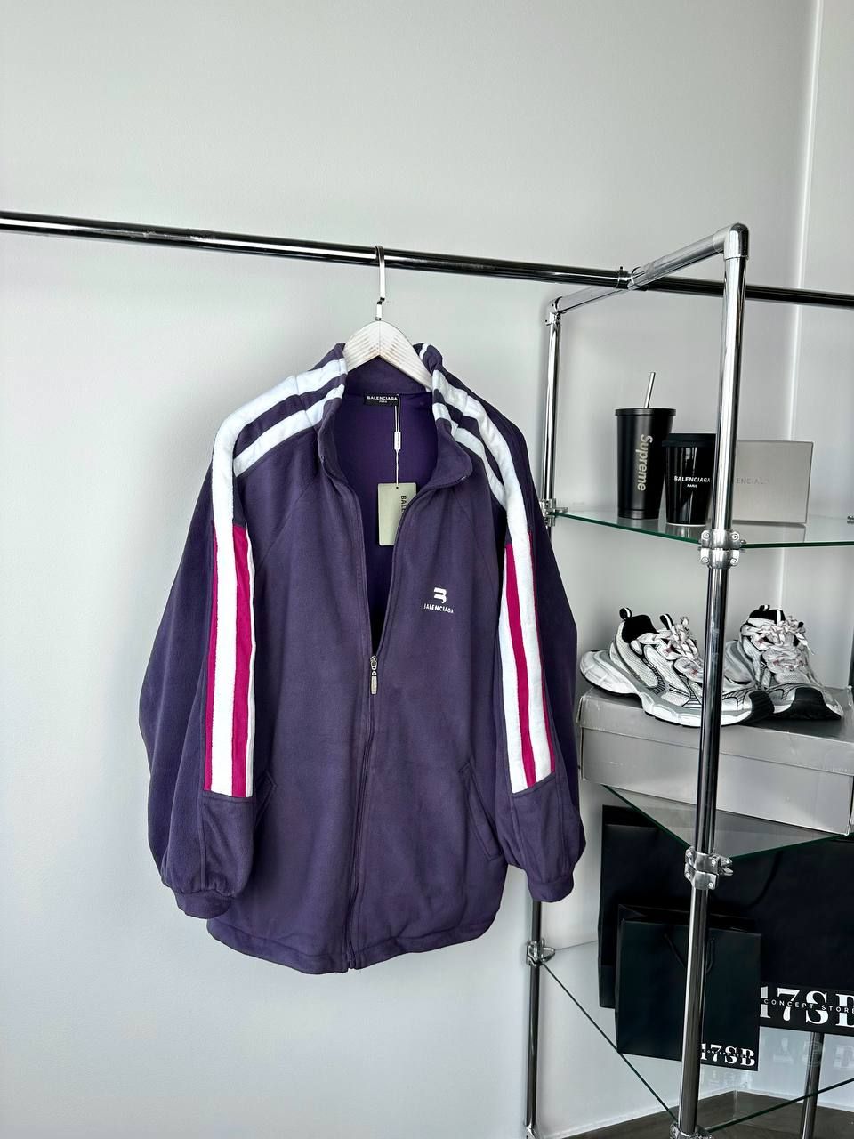 Terry purple bomber jacket with white stripes, L