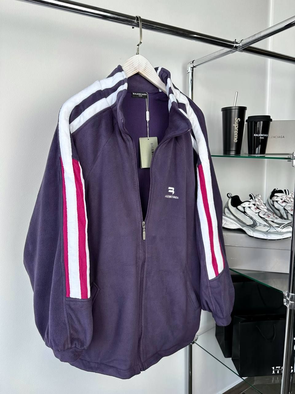 Terry purple bomber jacket with white stripes, S