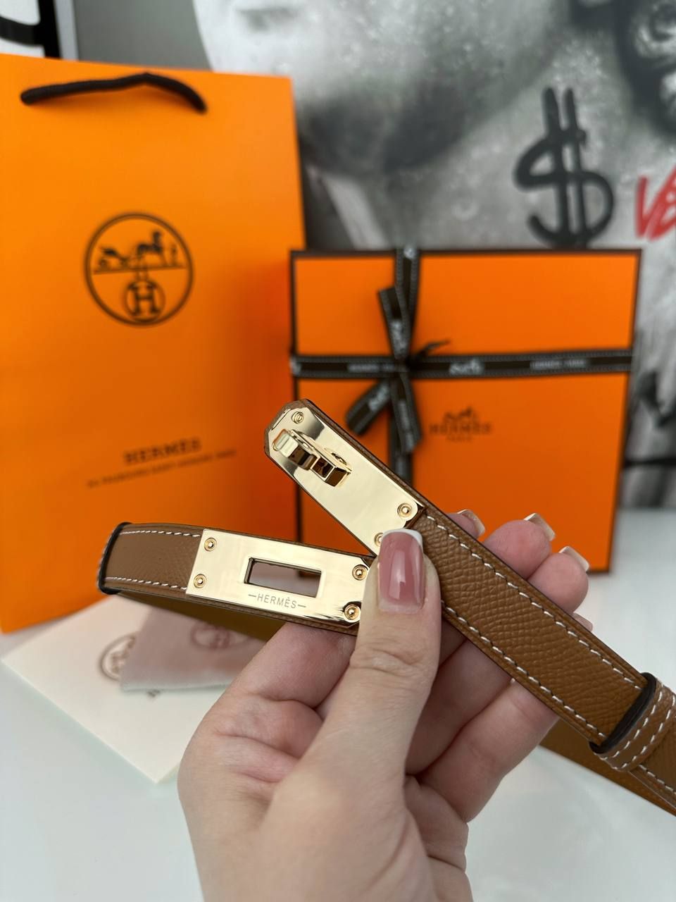 Brown thin belt with gold buckle, Out of stock