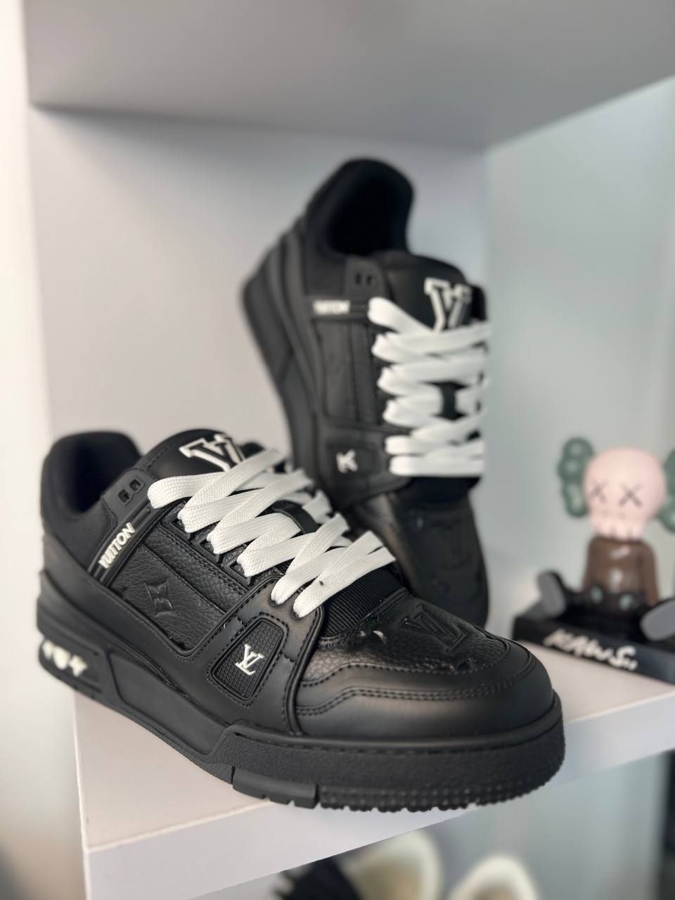 Black Leather Sneakers with White Logo, In stock, 43