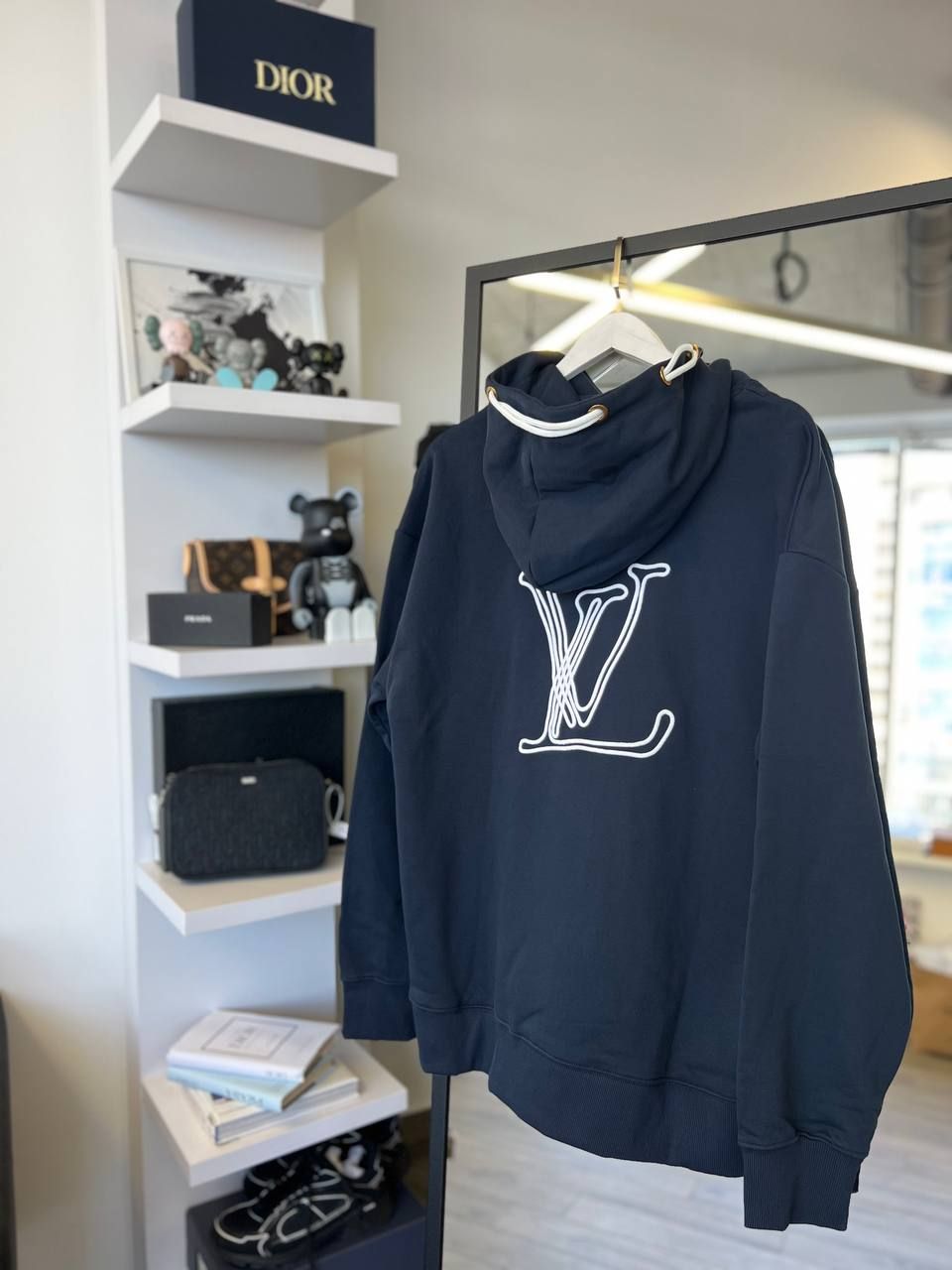 Dark blue hoodie with logo on the back, XL