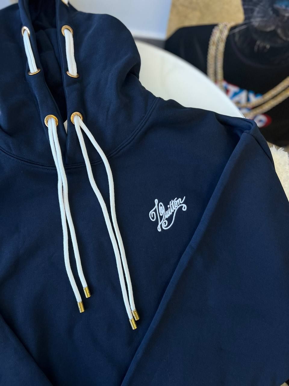 Dark blue hoodie with logo on the back, XL