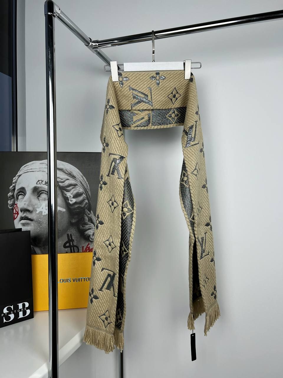 Beige scarf with silver logos, In stock