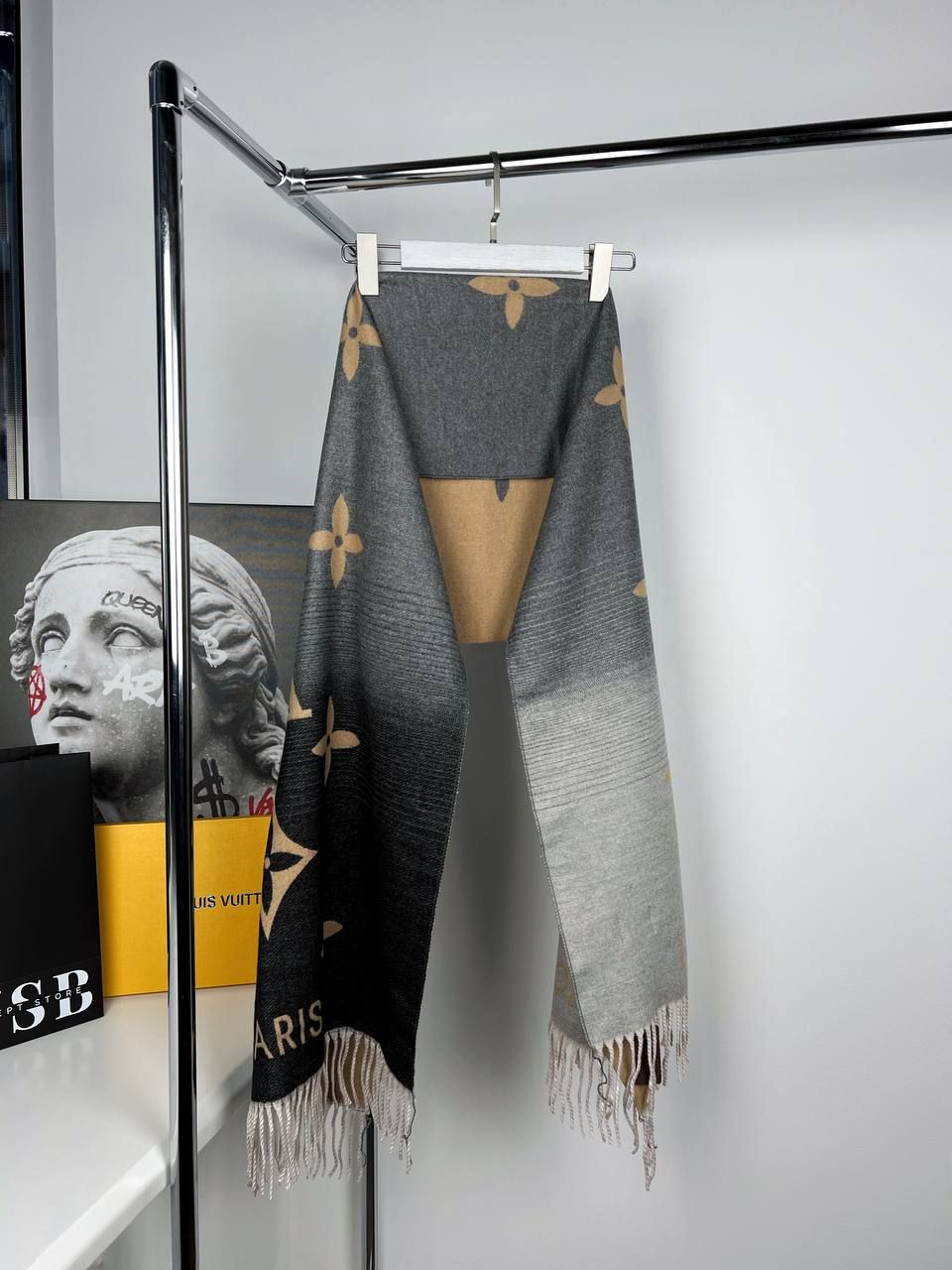 Gray scarf with beige logos, Out of stock