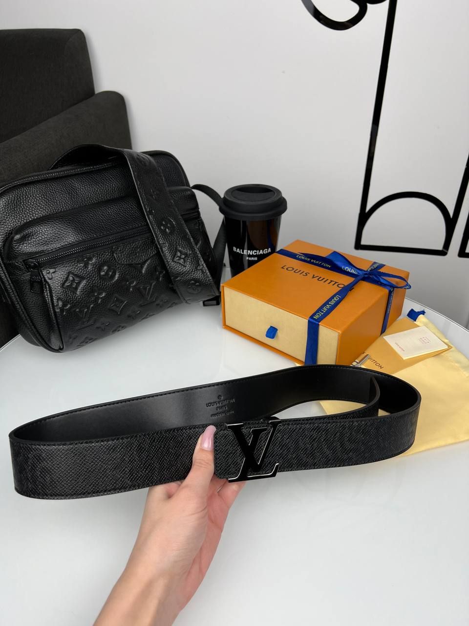 Black structured leather belt, Out of stock