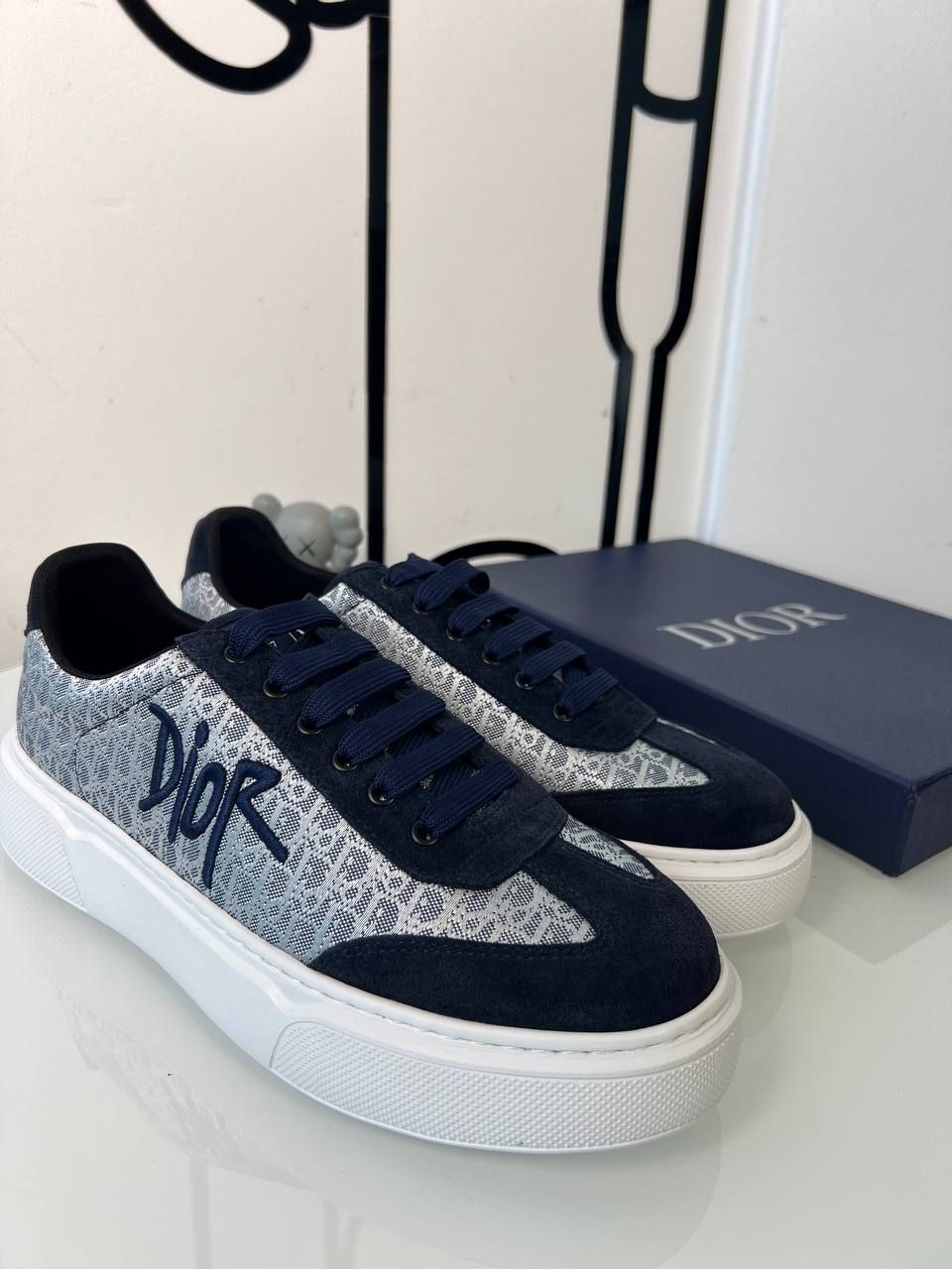 Blue sneakers with gray inserts and lettering, In stock, 45