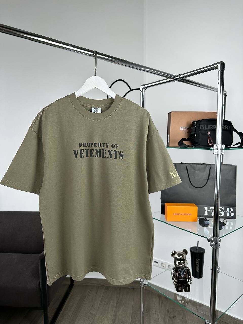 Khaki T-shirt with lettering on front, S