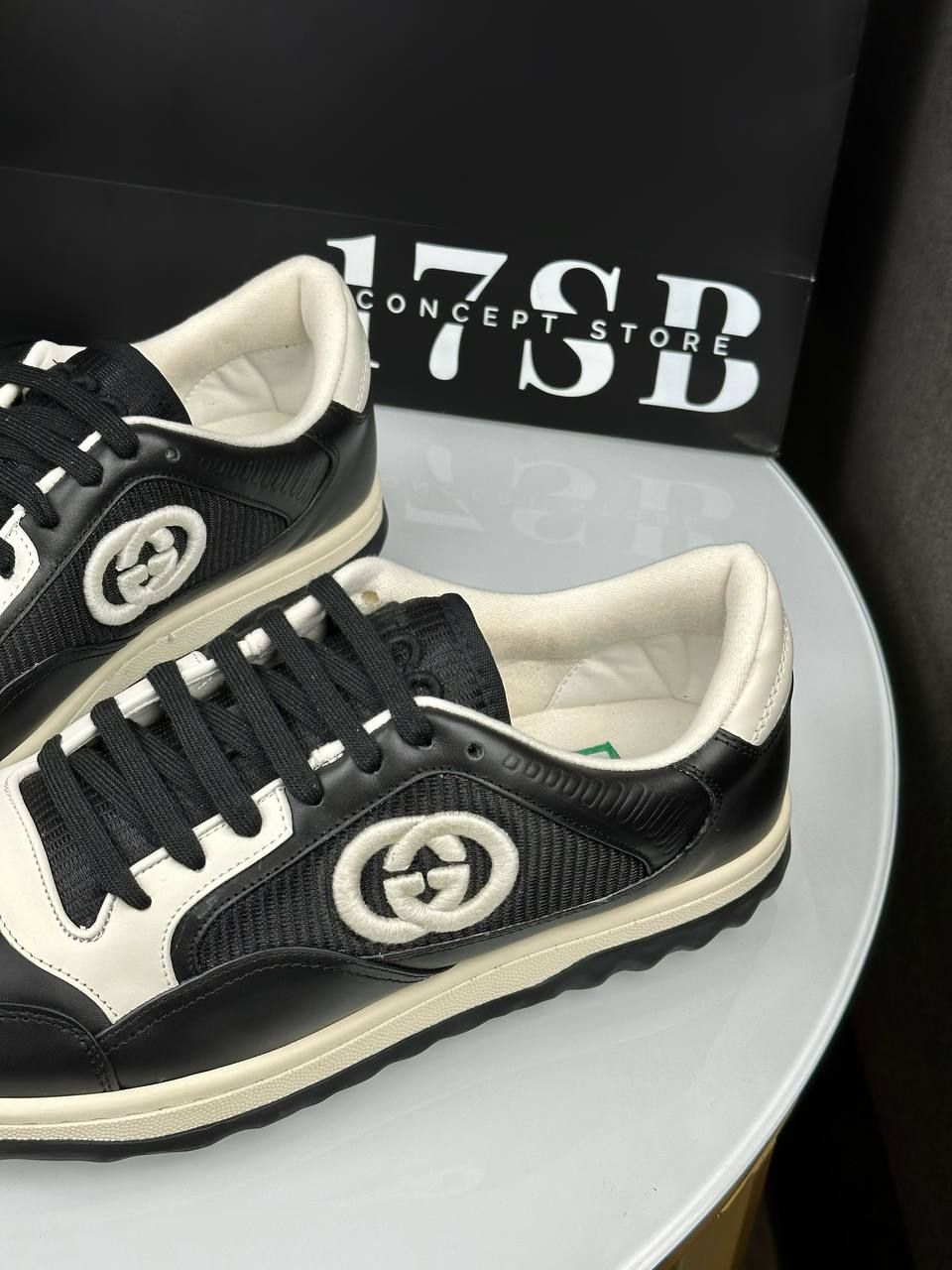 Black sneakers with white sole and embroidered logo, Out of stock, 36