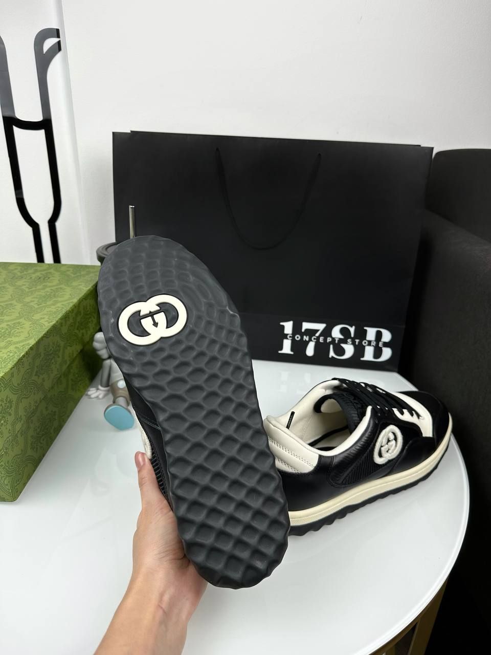 Black sneakers with white sole and embroidered logo, Out of stock, 36