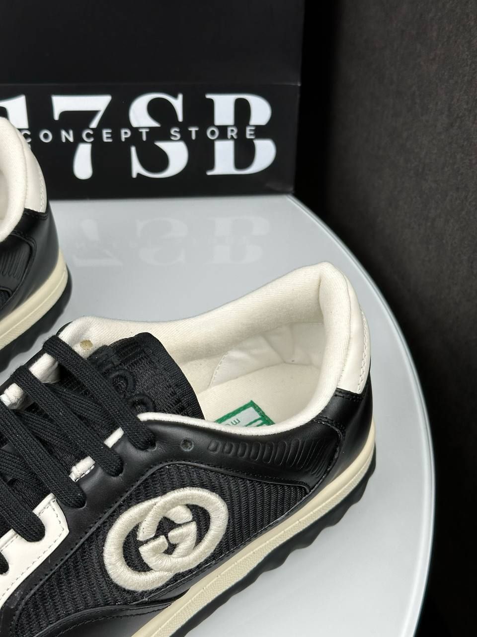 Black sneakers with white sole and embroidered logo, Out of stock, 36