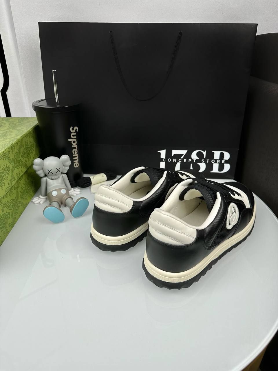 Black sneakers with white sole and embroidered logo, Out of stock, 36