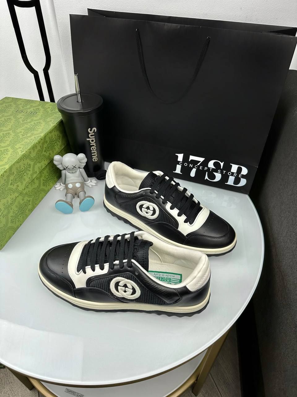 Black sneakers with white sole and embroidered logo, In stock, 45