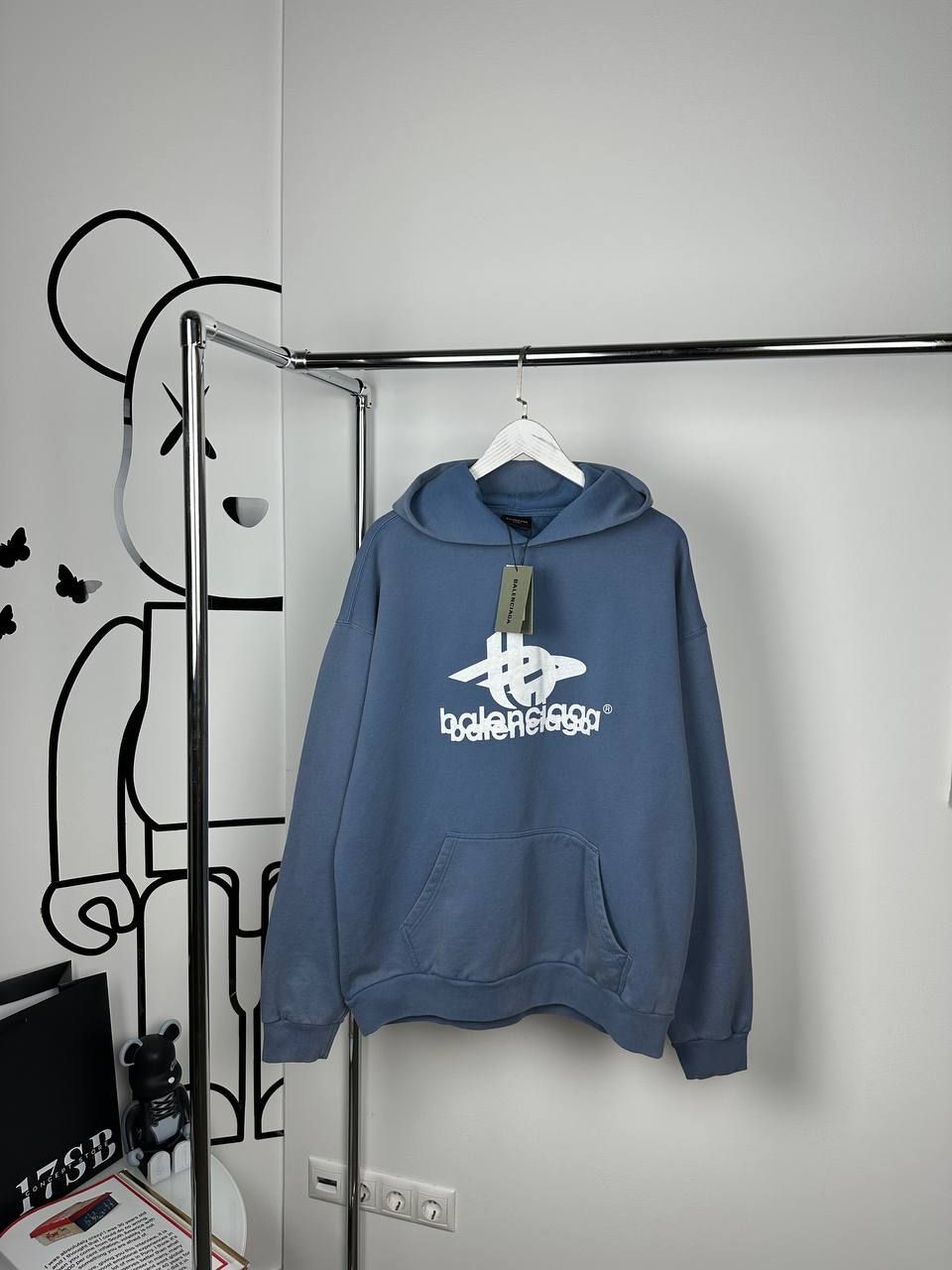 Blue hoodie with white lettering, XS