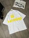 White ribbon-type T-shirt with yellow lettering, L