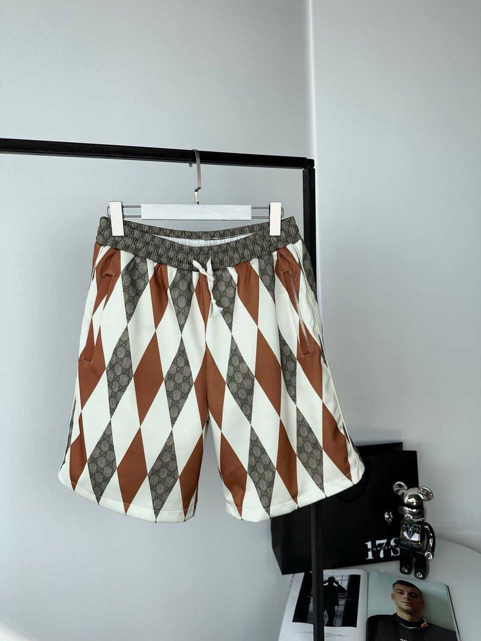 Beige shorts with multicolored rhombuses, S