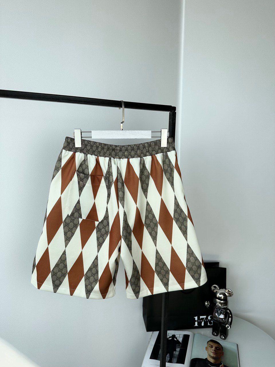 Beige shorts with multicolored rhombuses, S