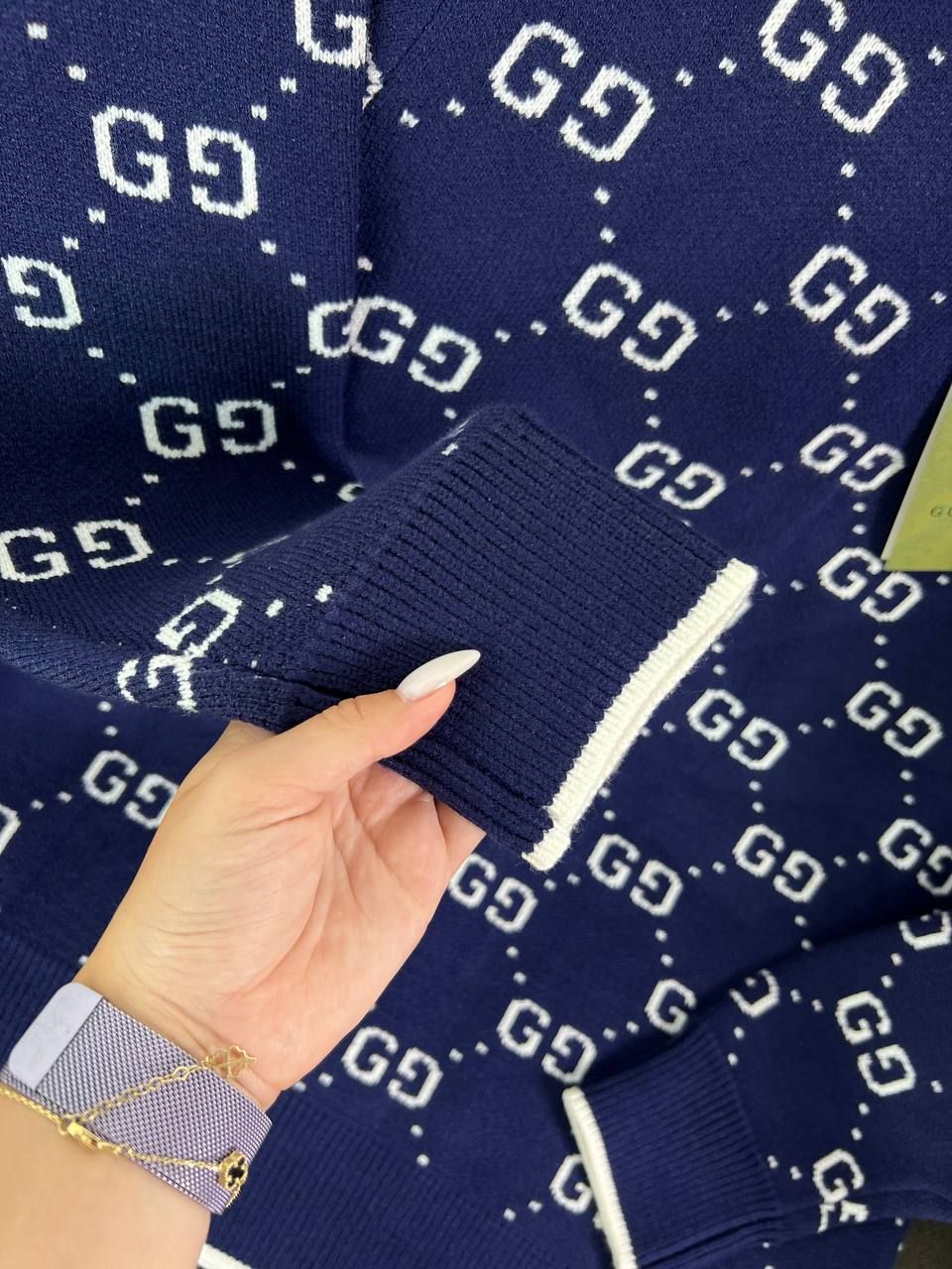 Blue sweater with white GG logos, L