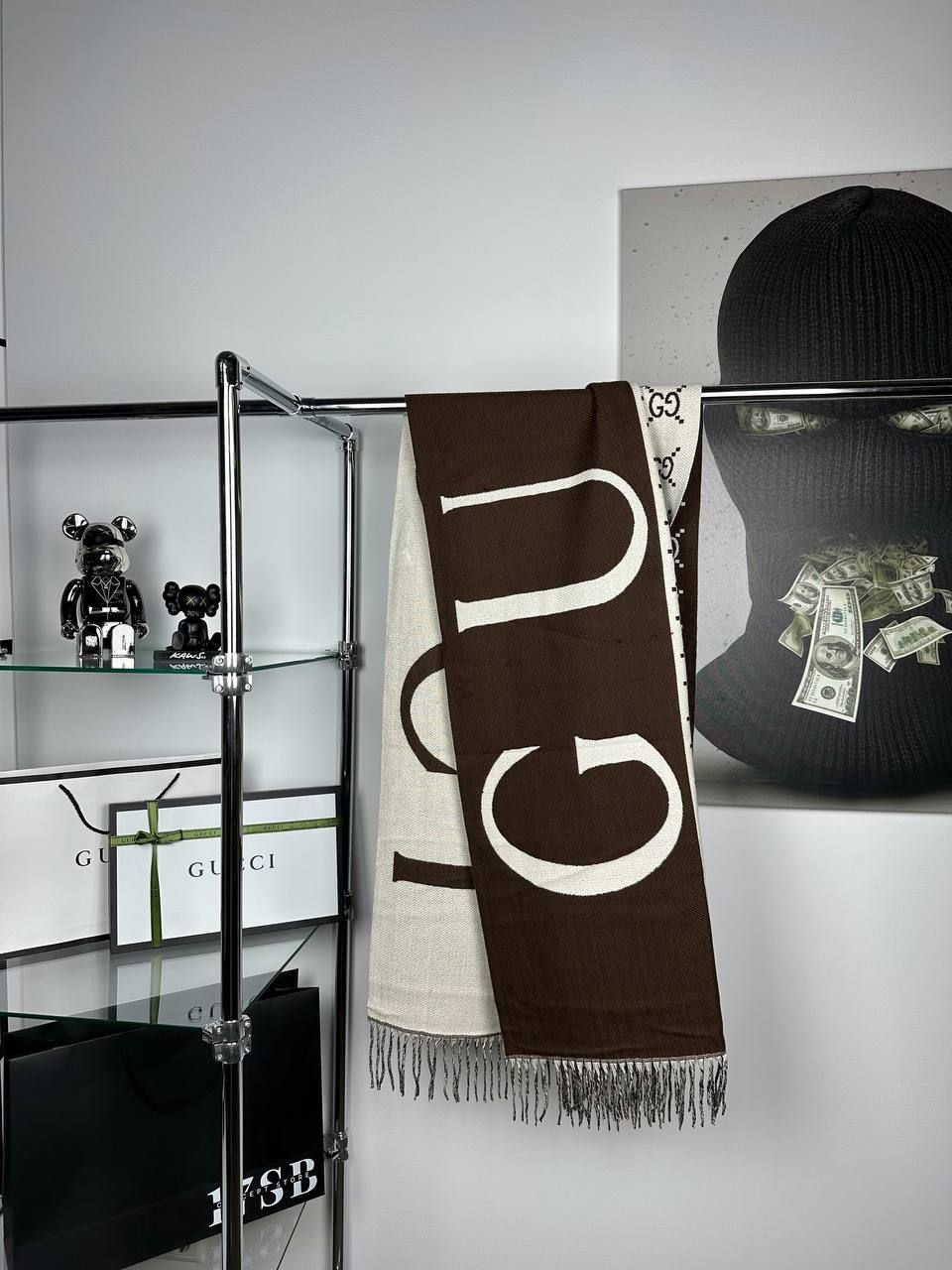 Brown scarf with white logos, In stock