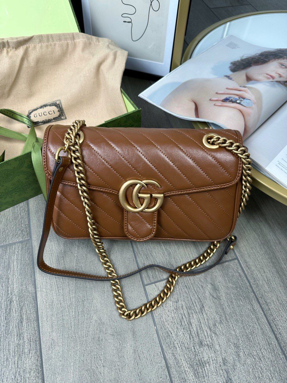 GG Marmont brown bag in soft leather, In stock