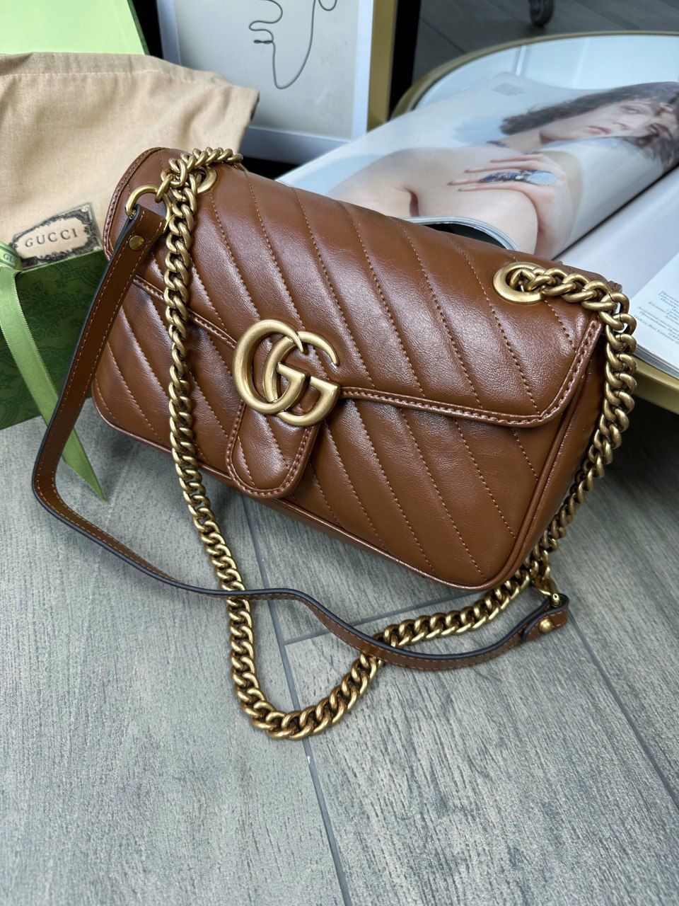 GG Marmont brown bag in soft leather, In stock