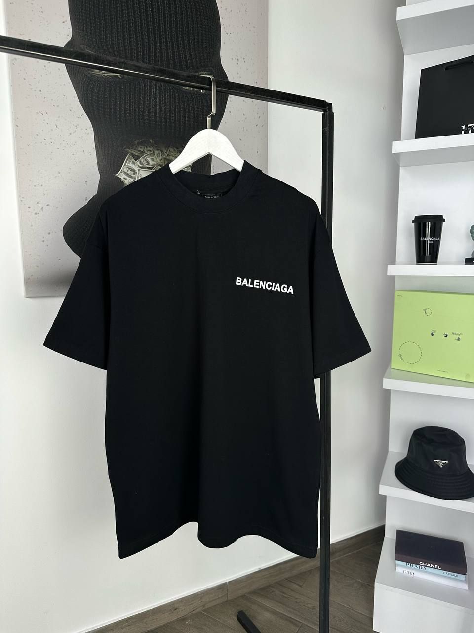 Black T-shirt with vertical inscription on the back, S